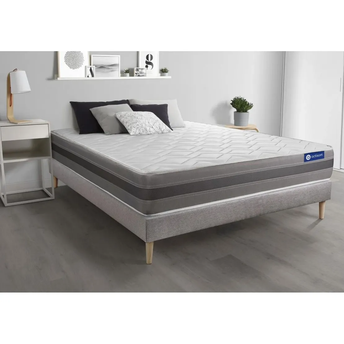 ACTISOMEnsemble matelas ACTILATEX RELAX Latex et memoire de forme Maxi epaisseur 5zones de confort et sommier KIT gris