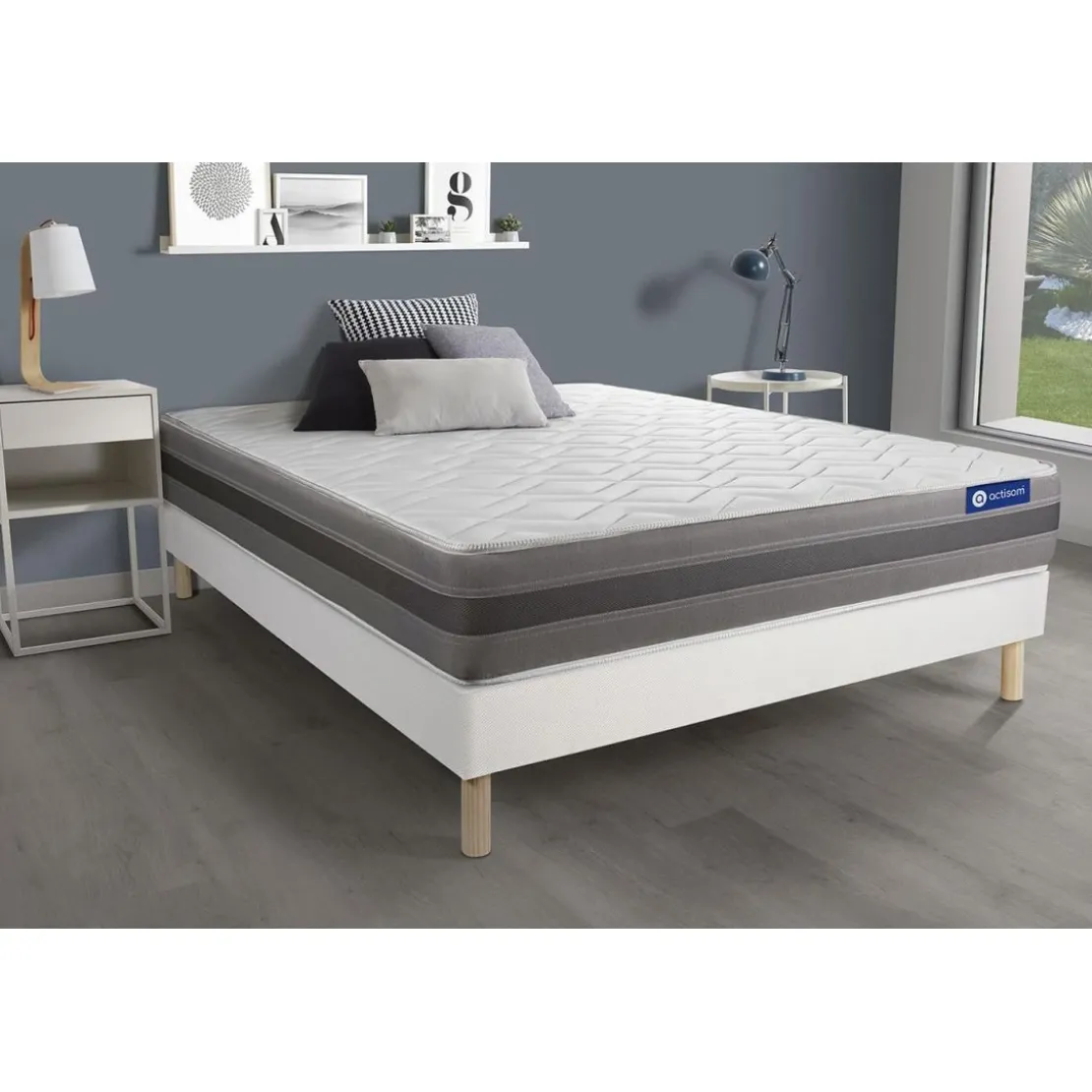 ACTISOMEnsemble matelas ACTIFLEX RELAX Ressorts ensaches memoire de forme Maxi epaisseur 5zones confort sommier KIT blanc