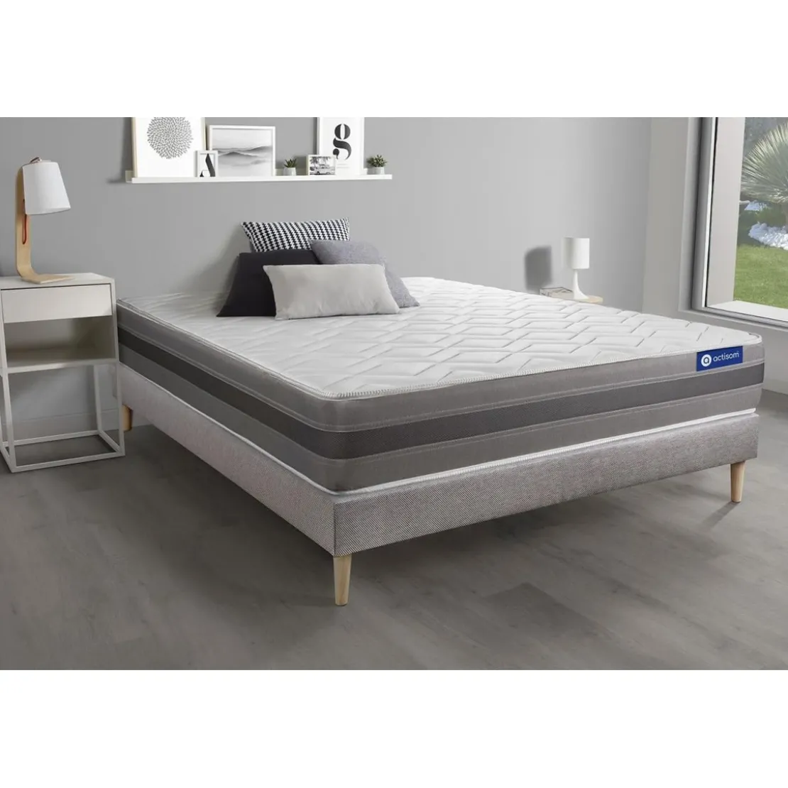 ACTISOMEnsemble matelas ACTIMEMO RELAX memoire de forme Maxi epaisseur 5 zones de confort sommier KIT gris