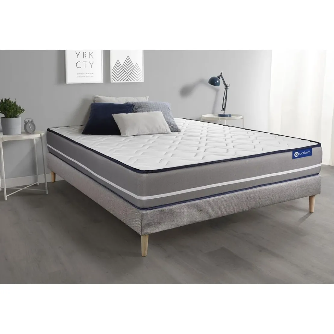 ACTISOMEnsemble matelas a memoire ACTIMEMO PUR 3 zones de confort sommier KIT gris