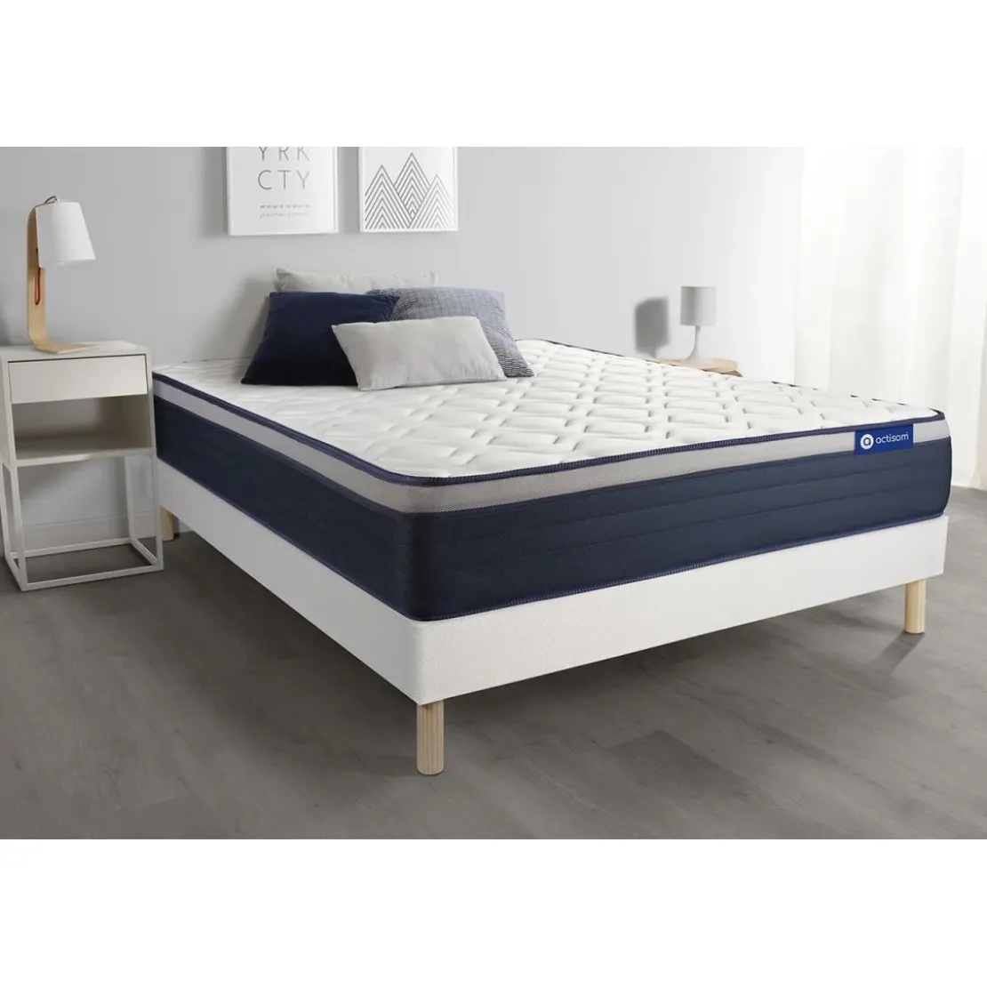ACTISOMEnsemble matelas Latex et Memoire de forme ACTILATEX MAX Maxi épaisseur 7 zones de confort sommier KIT blanc