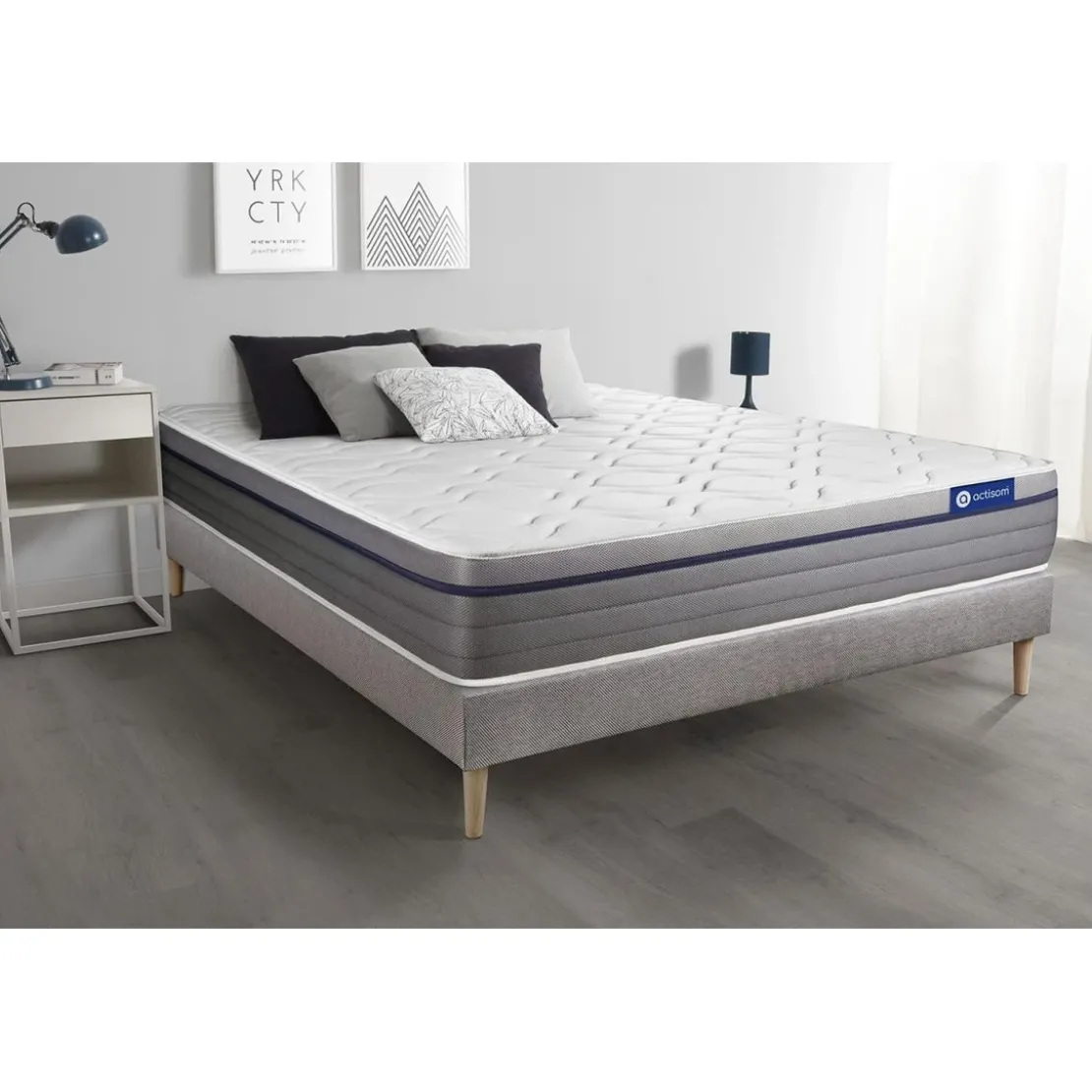ACTISOMEnsemble matelas Latex Memoire de forme ACTILATEX ZEN Maxi epaisseur 7 zones de confort sommier KIT gris