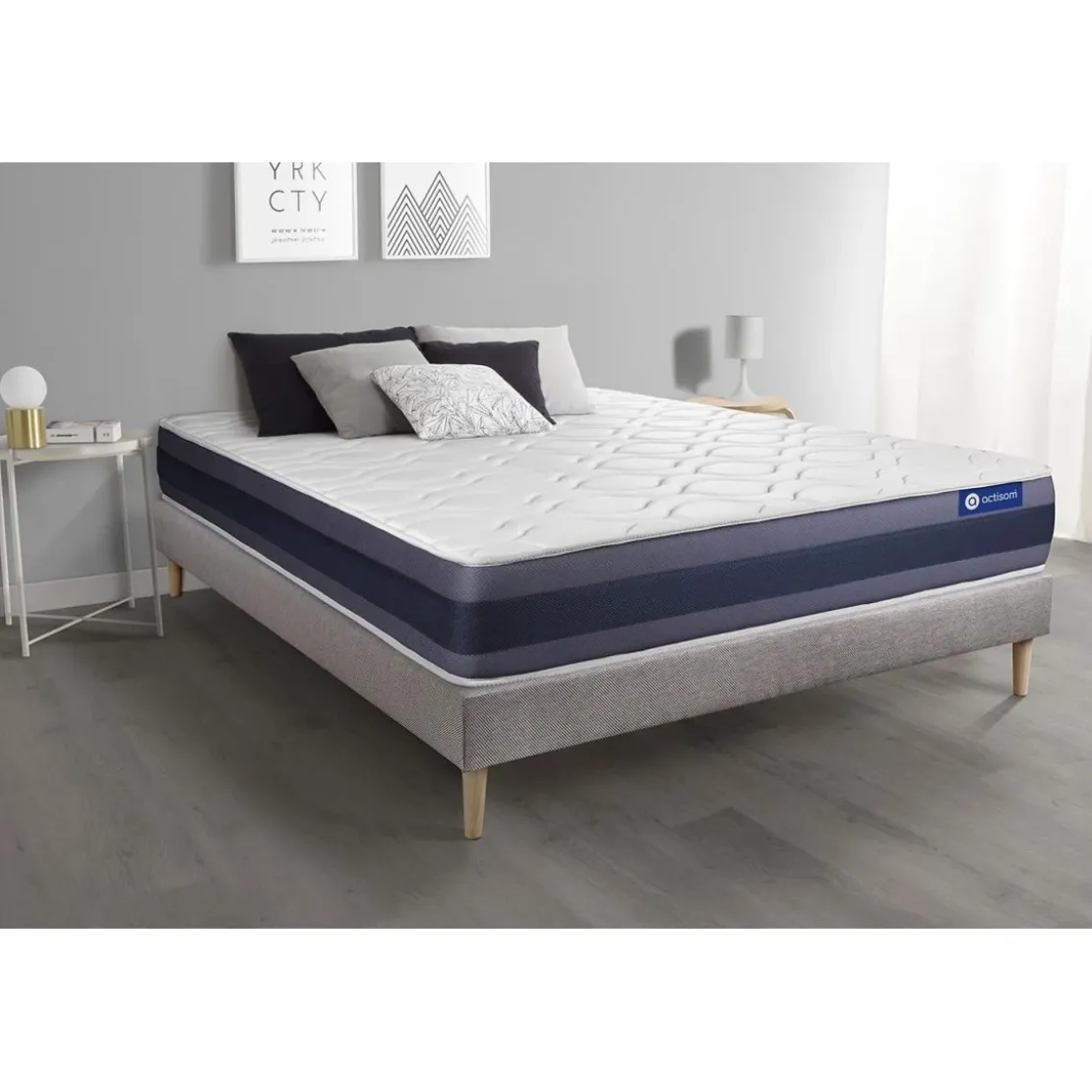 ACTISOMEnsemble matelas Memoire de forme ACTIMEMO MORPHO Maxi epaisseur 5 zones de confort sommier KIT gris