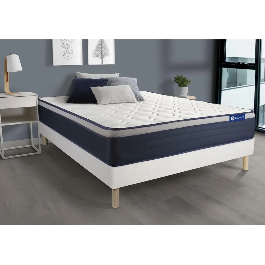 ACTISOMEnsemble matelas Ressorts ensaches Memoire de forme ACTIFLEX MAX Maxi epaisseur 7 zones confort sommier KIT blanc