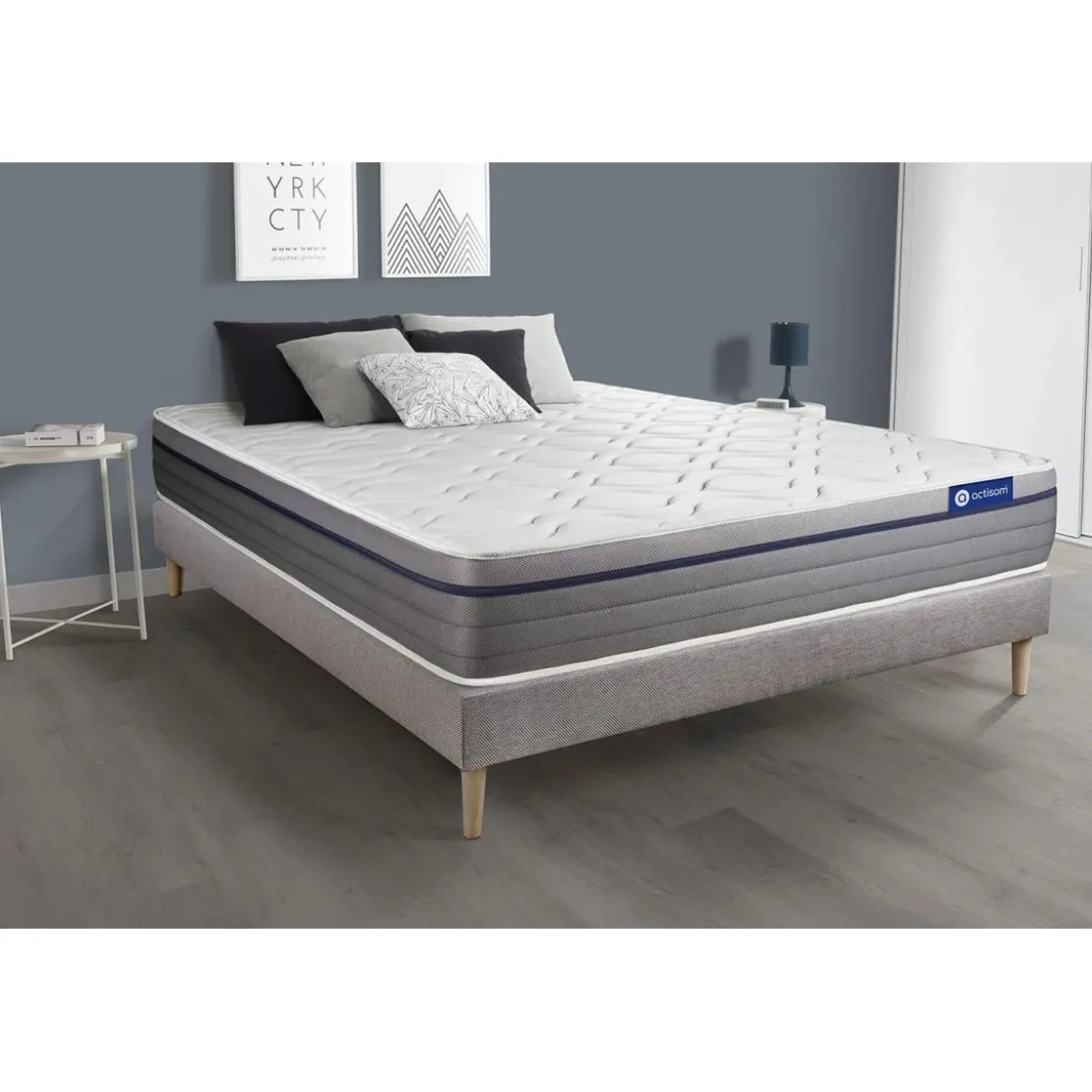 ACTISOMEnsemble matelas Ressorts ensaches Memoire de forme ACTIFLEX ZEN Maxi epaisseur 7 zones de confort sommier KIT gris