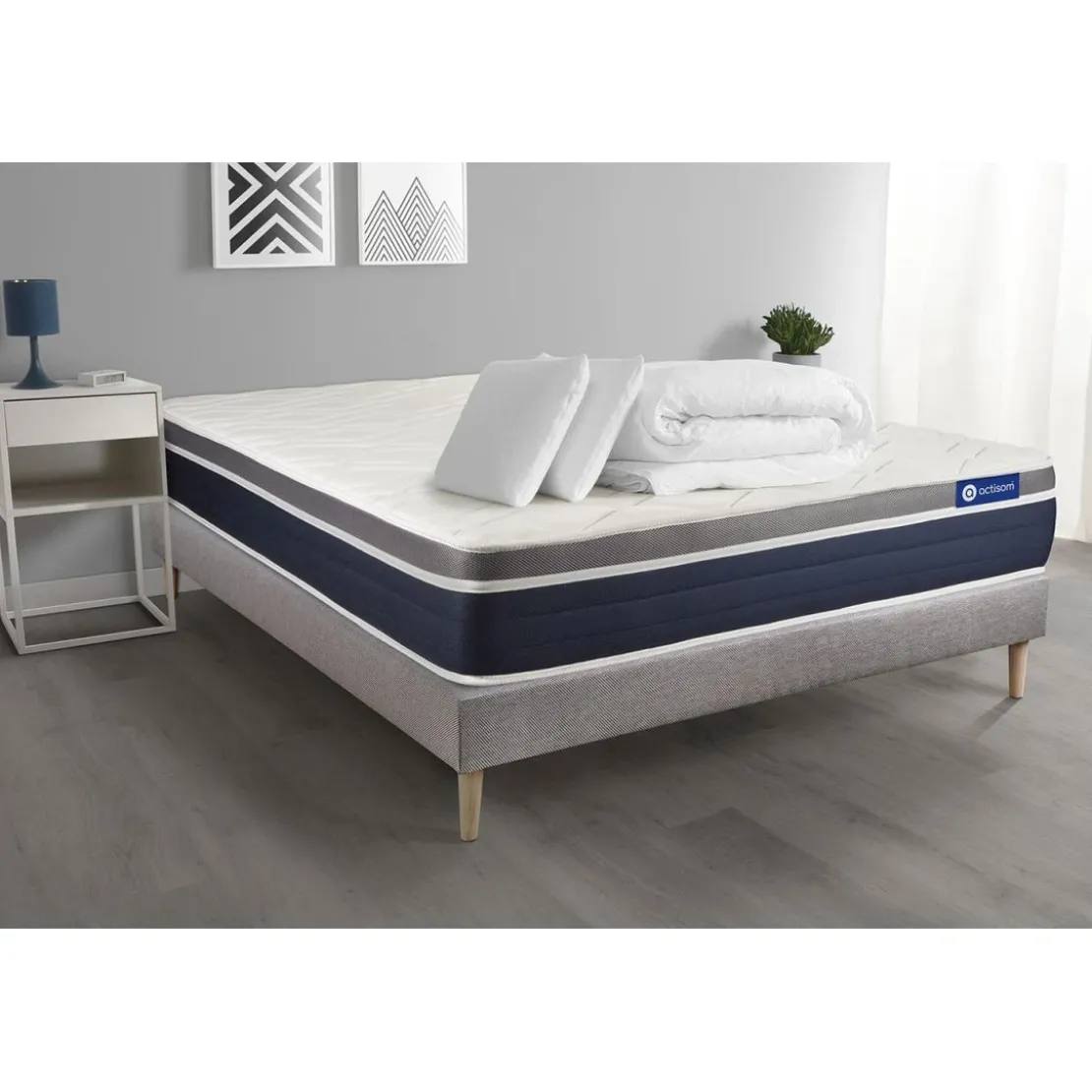 ACTISOMPack prêt a dormir ACTIMEMO CONFORT Matelas memoire de forme Maxi epaisseur sommier KIT gris