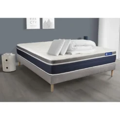 ACTISOMPack prêt a dormir ACTIFLEX CONFORT Matelas Ressorts ensaches memoire de forme sommier KIT gris 2oreillers et couette