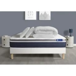 ACTISOMPack prêt a dormir ACTIFLEX CONFORT Matelas Ressorts ensaches memoire de forme sommier KIT blanc 2 oreillers et couette