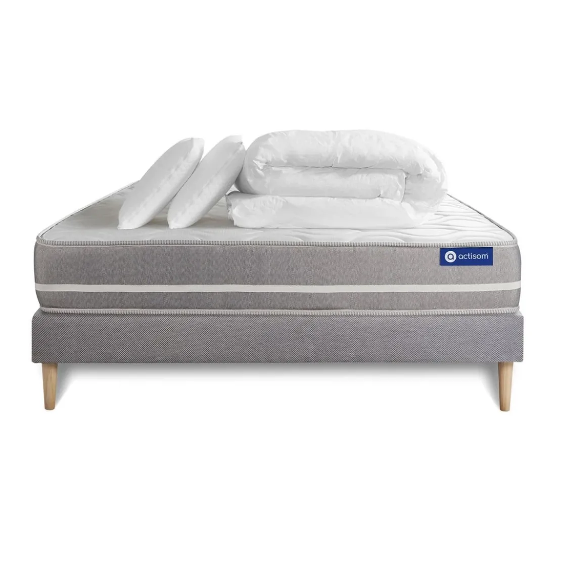 ACTISOMPack prêt a dormir matelas Latex memoire de formesommier KIT gris 2 oreillers couette