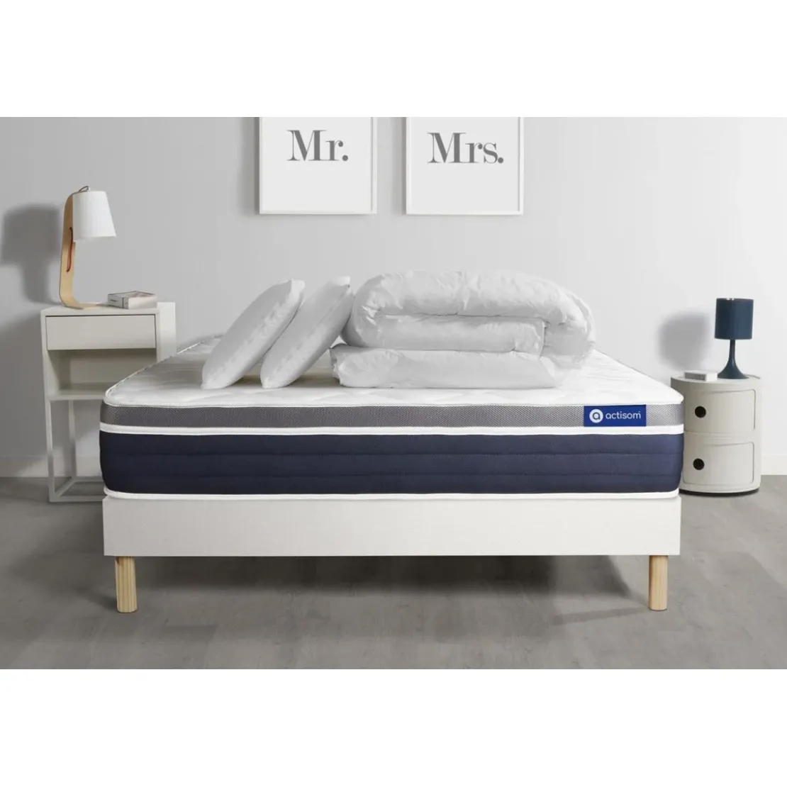 ACTISOMPack prêt a dormir Matelas Latex memoire de forme sommier KIT blanc 2 oreillers couette