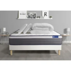 ACTISOMPack prêt a dormir matelas ACTIMEMO PLUS Memoire de forme 7zones confort sommier KIT blanc 2 oreillers et couette