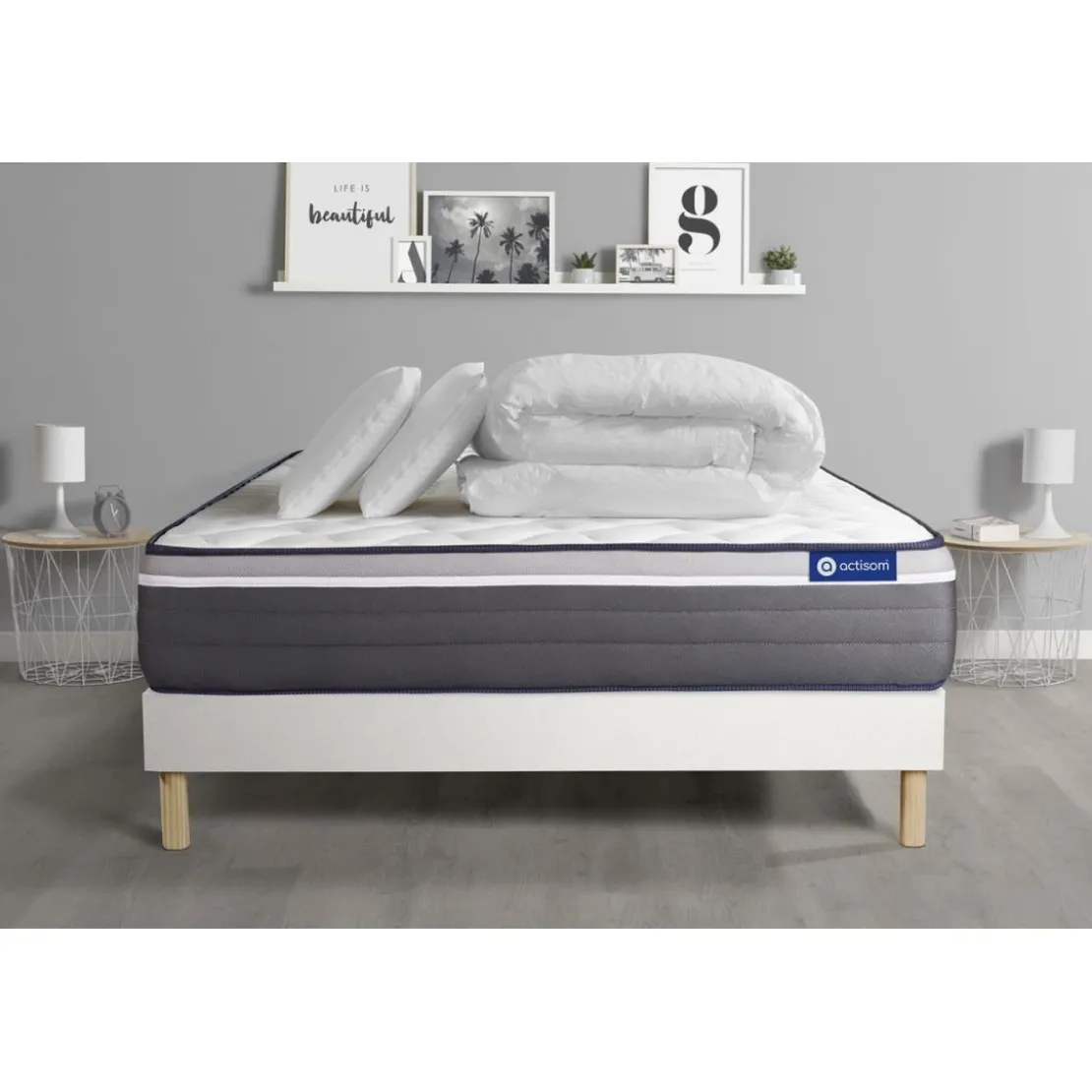 ACTISOMPack prêt a dormir matelas ACTIMEMO PLUS Memoire de forme 7zones confort sommier KIT blanc 2 oreillers et couette