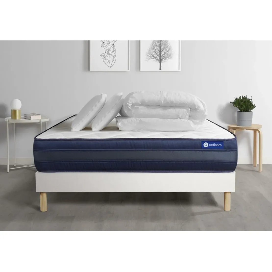 ACTISOMPack prêt a dormir matelas 2 oreillers couette Memoire de forme Maxi epaisseur sommier KIT blanc
