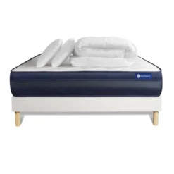 ACTISOMPack prêt a dormir matelas 2 oreillers couette Memoire de forme Maxi epaisseur sommier KIT blanc