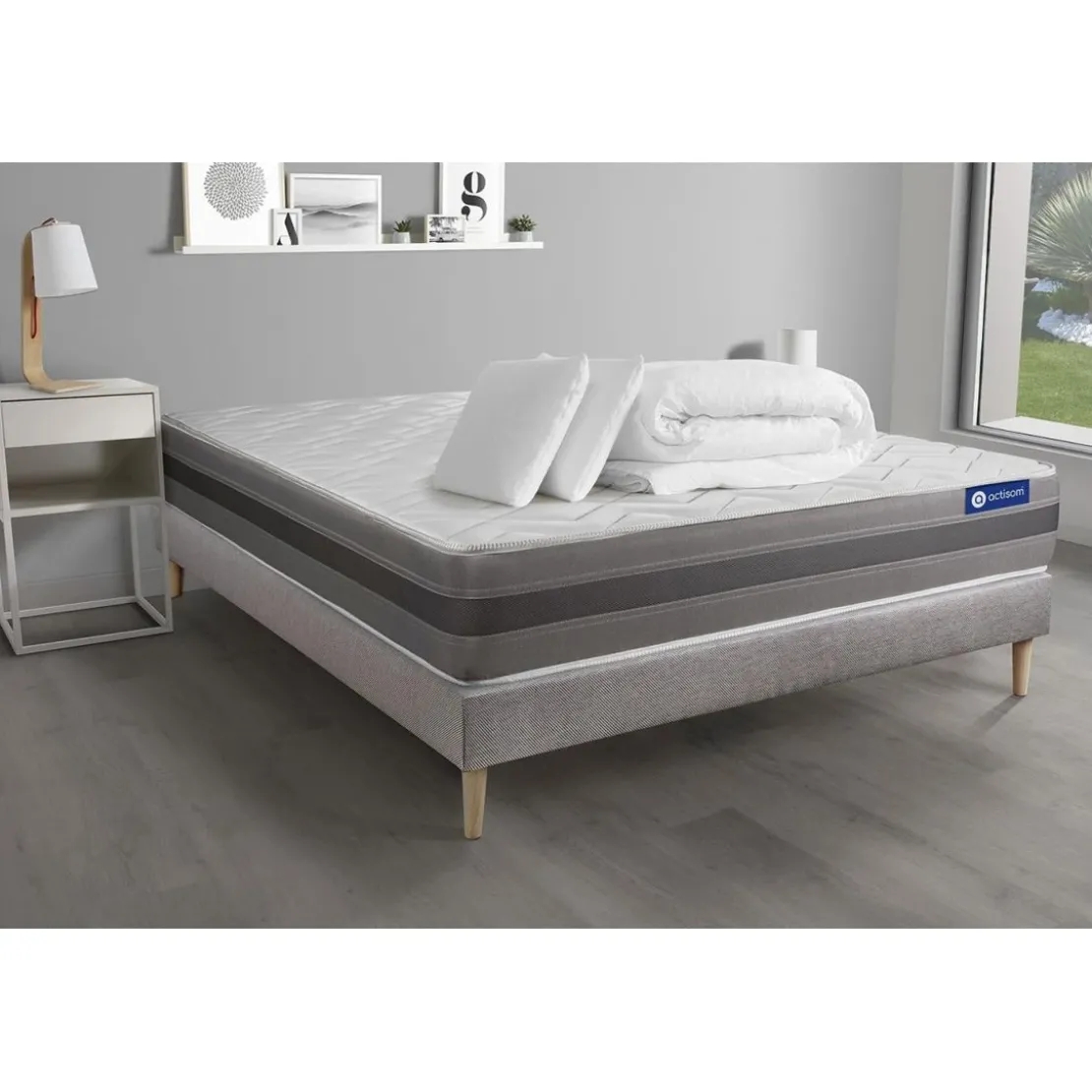 ACTISOMPack prêt a dormir matelas ACTIMEMO RELAX memoire de forme Maxi epaisseur sommier KIT gris