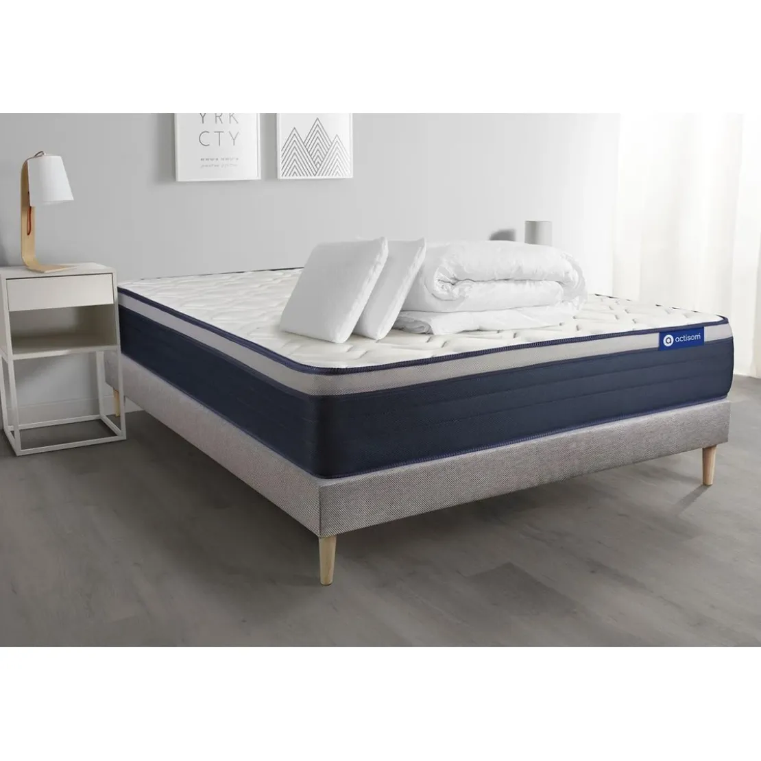 ACTISOMPack prêt a dormir matelas Latex et Memoire de forme ACTILATEX MAX sommier KIT gris 2 oreillers et couette