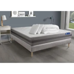 ACTISOMPack prêt a dormir matelas ACTIFLEX RELAX Ressorts ensaches memoire de forme sommier KIT gris 2oreillers couette