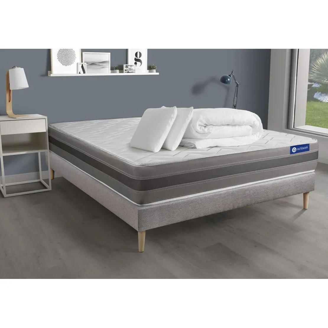 ACTISOMPack prêt a dormir matelas ACTIFLEX RELAX Ressorts ensaches memoire de forme sommier KIT gris 2oreillers couette
