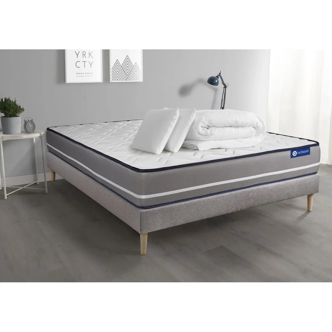 ACTISOMPack prêt a dormir matelas a memoire 2 oreillers et couette ACTIMEMO PUR 3 zones de confort sommier KIT gris