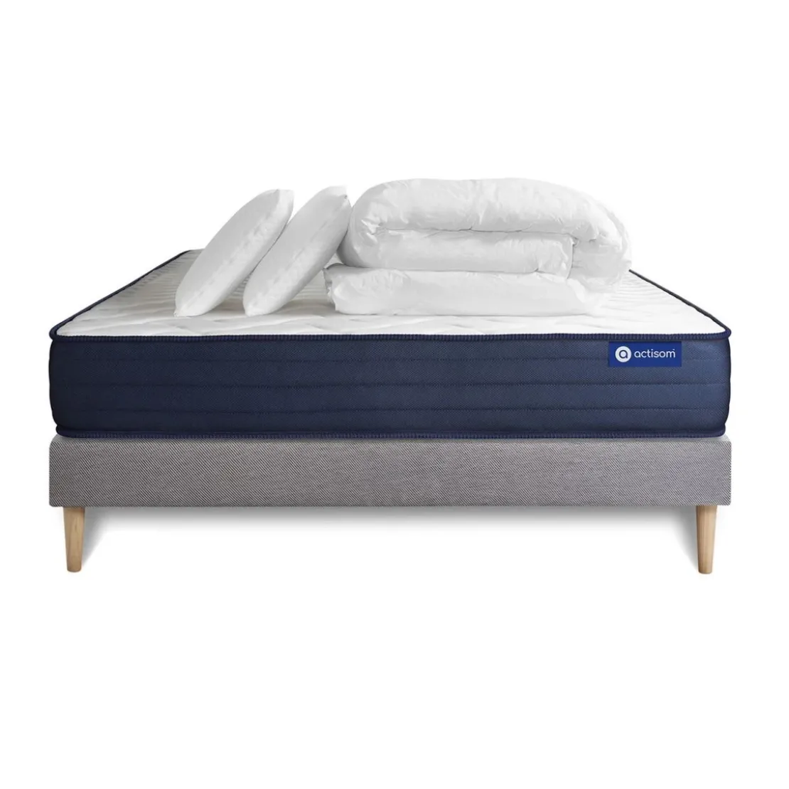 ACTISOMPack prêt a dormir matelas ACTILATEX LIFE Latex et Memoire de forme sommier KIT gris 2 oreillers et couette