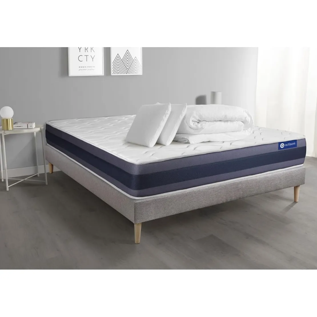 ACTISOMPack prêt a dormir matelas Memoire de forme ACTIMEMO MORPHO 5 zones confort sommier KIT gris
