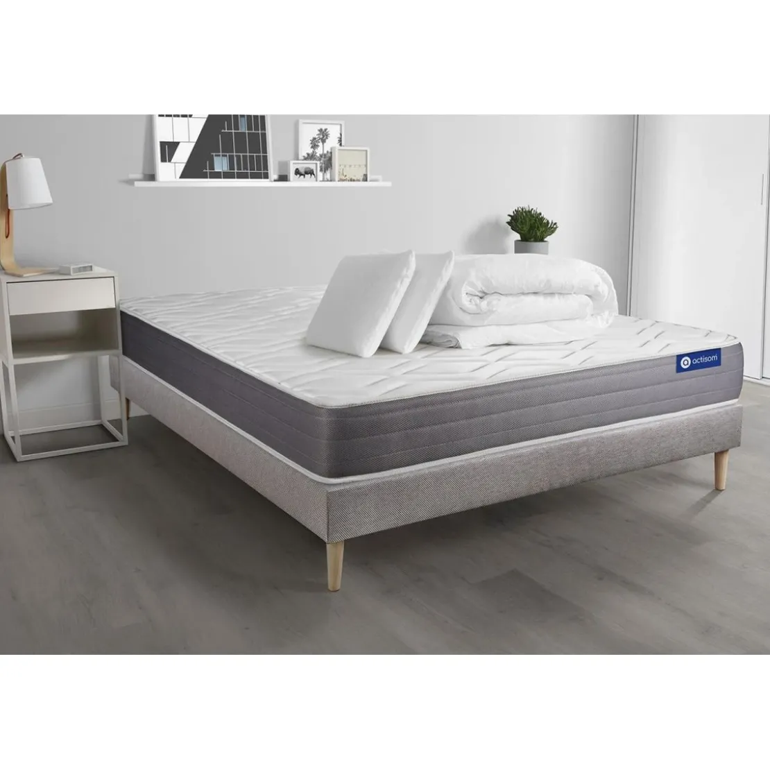 ACTISOMPack prêt a dormir matelas Latex et memoire de forme sommier KIT gris 2 oreillers et couette