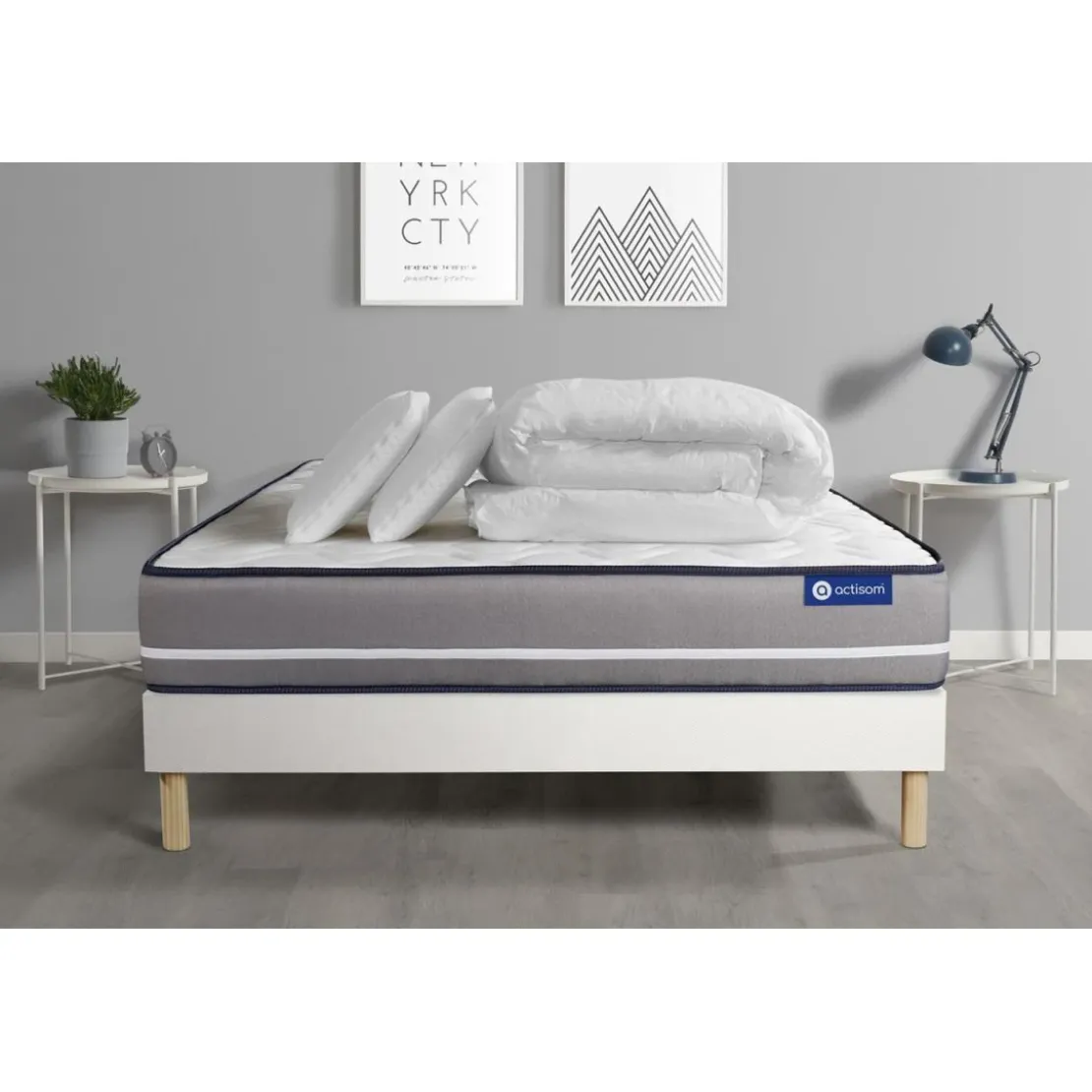 ACTISOMPack prêt a dormir matelas a memoire ACTIMEMO PUR 3 zones de confort sommier KIT blanc