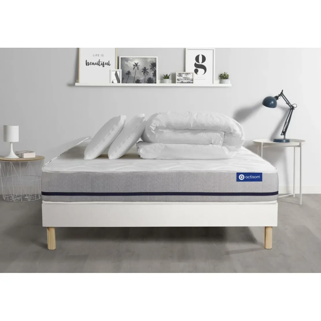 ACTISOMPack prêt a dormir matelas2 oreillers couette 3 zones de confort sommier KIT blanc