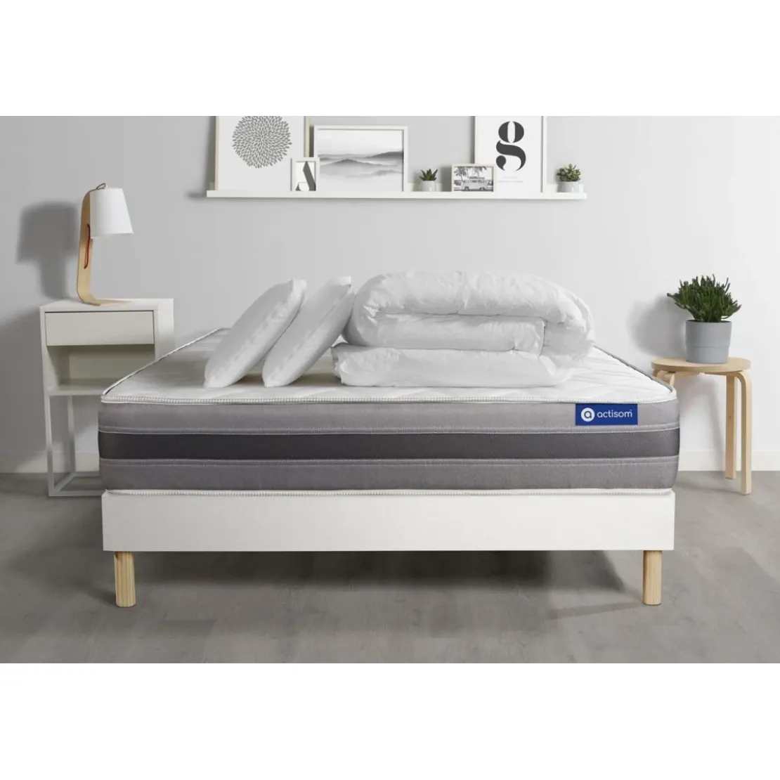 ACTISOMPack prêt a dormir matelas ACTILATEX RELAX Latex et memoire de forme sommier KIT blanc 2 oreillers et couette