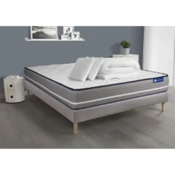 ACTISOMPack prêt a dormir matelas Ressorts ensaches ACTIFLEX PUR 3 zones de confort sommier KIT gris 2 oreillers couette
