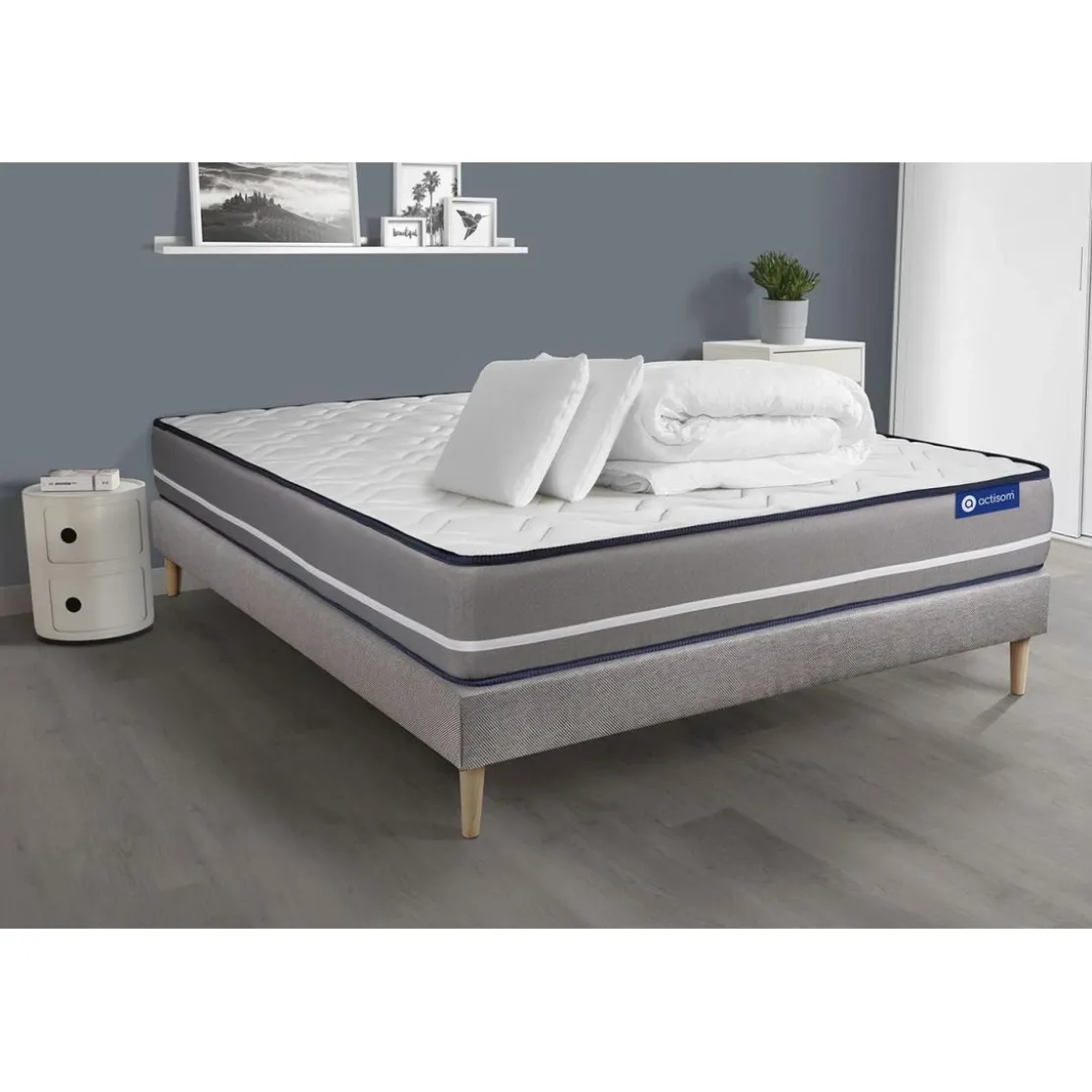 ACTISOMPack prêt a dormir matelas Ressorts ensaches ACTIFLEX PUR 3 zones de confort sommier KIT gris 2 oreillers couette