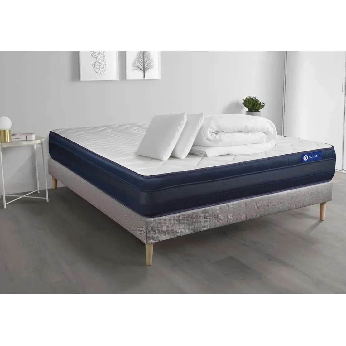 ACTISOMPack prêt a dormir matelas 2 oreillers couette Memoire de forme Maxi epaisseur sommier KIT gris
