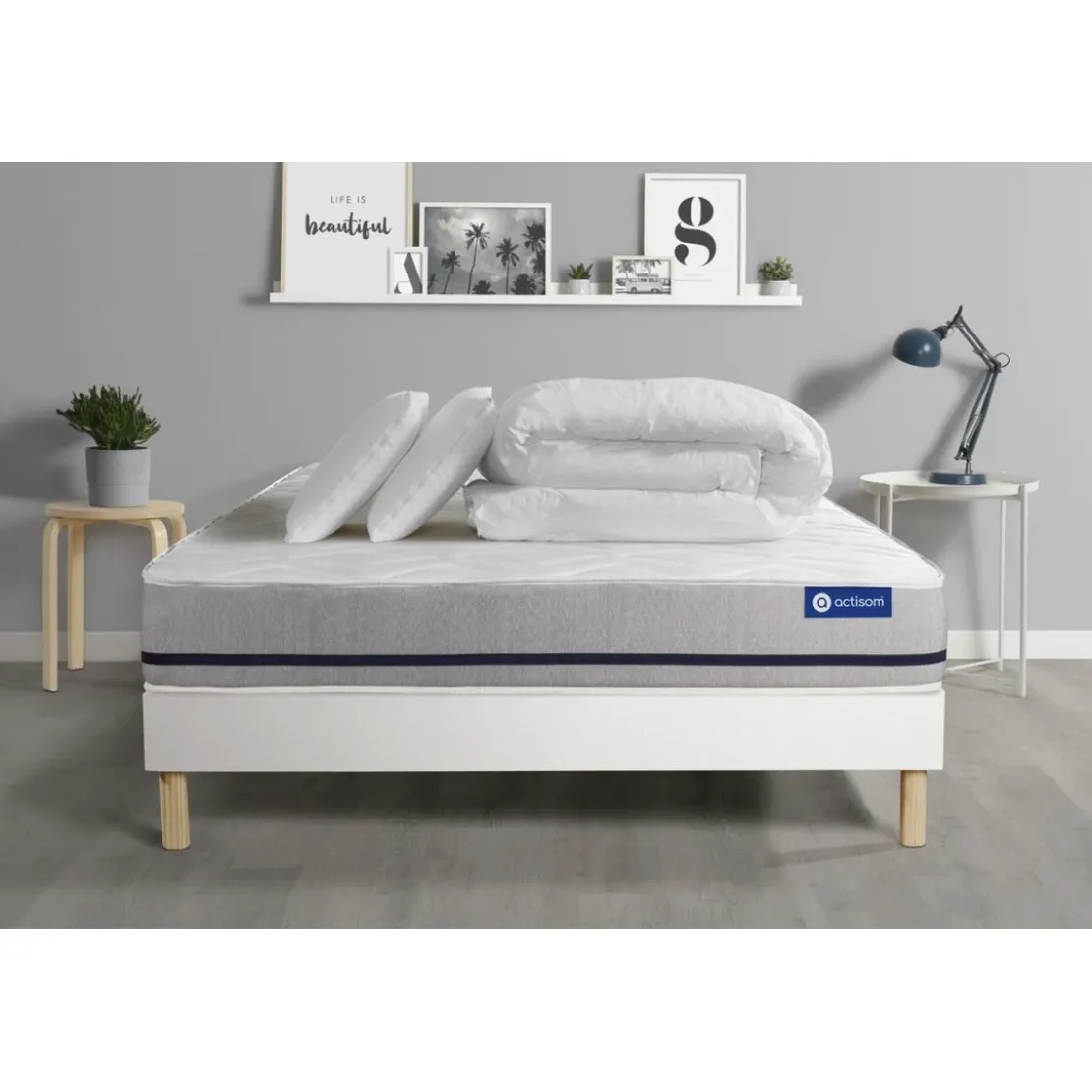 ACTISOMPack prêt a dormir matelas ACTIMEMO SOFT 3 zones de confort sommier KIT blanc 2 oreillers et couette