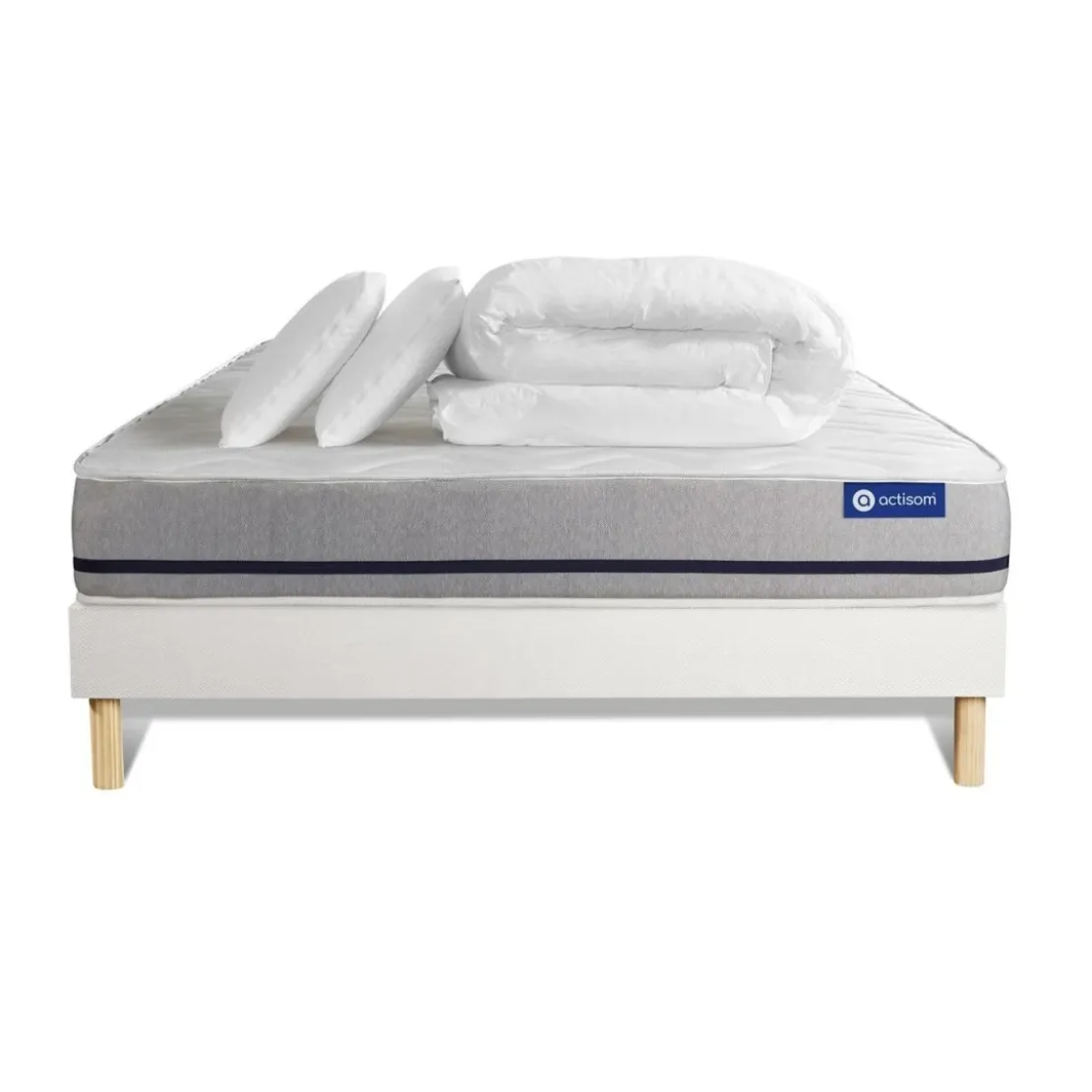 ACTISOMPack prêt a dormir matelas ACTIMEMO SOFT 3 zones de confort sommier KIT blanc 2 oreillers et couette
