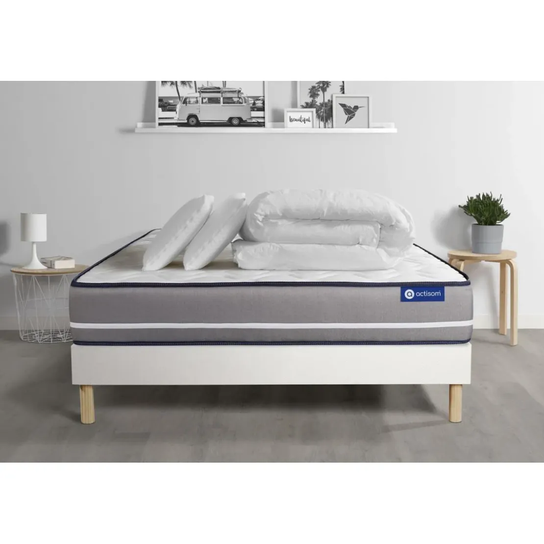 ACTISOMPack prêt a dormir matelas Latex et memoire de forme ACTILATEX PUR sommier KIT blanc 2 oreillers et couette