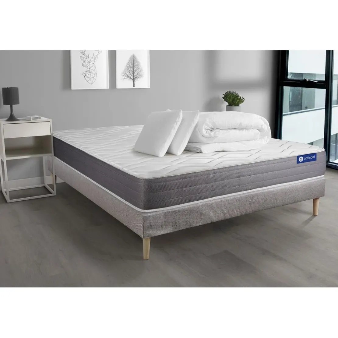 ACTISOMPack prêt a dormir matelas ACTIMEMO DREAM memoire de forme 5 zones confort sommier KIT gris