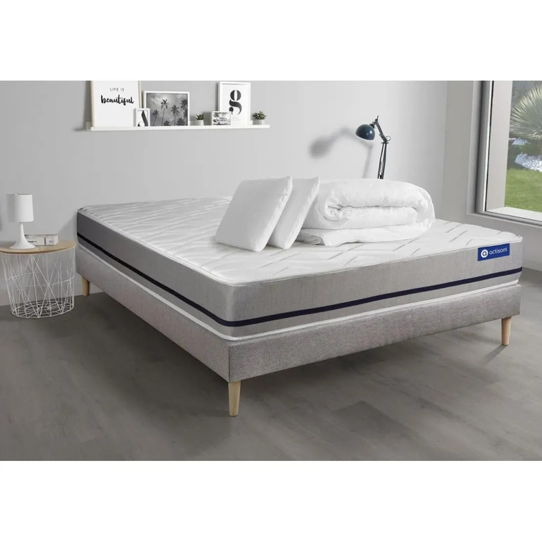 ACTISOMPack prêt a dormir matelas ACTILATEX SOFT 3 zones de confortsommier KIT gris 2 oreillers couette