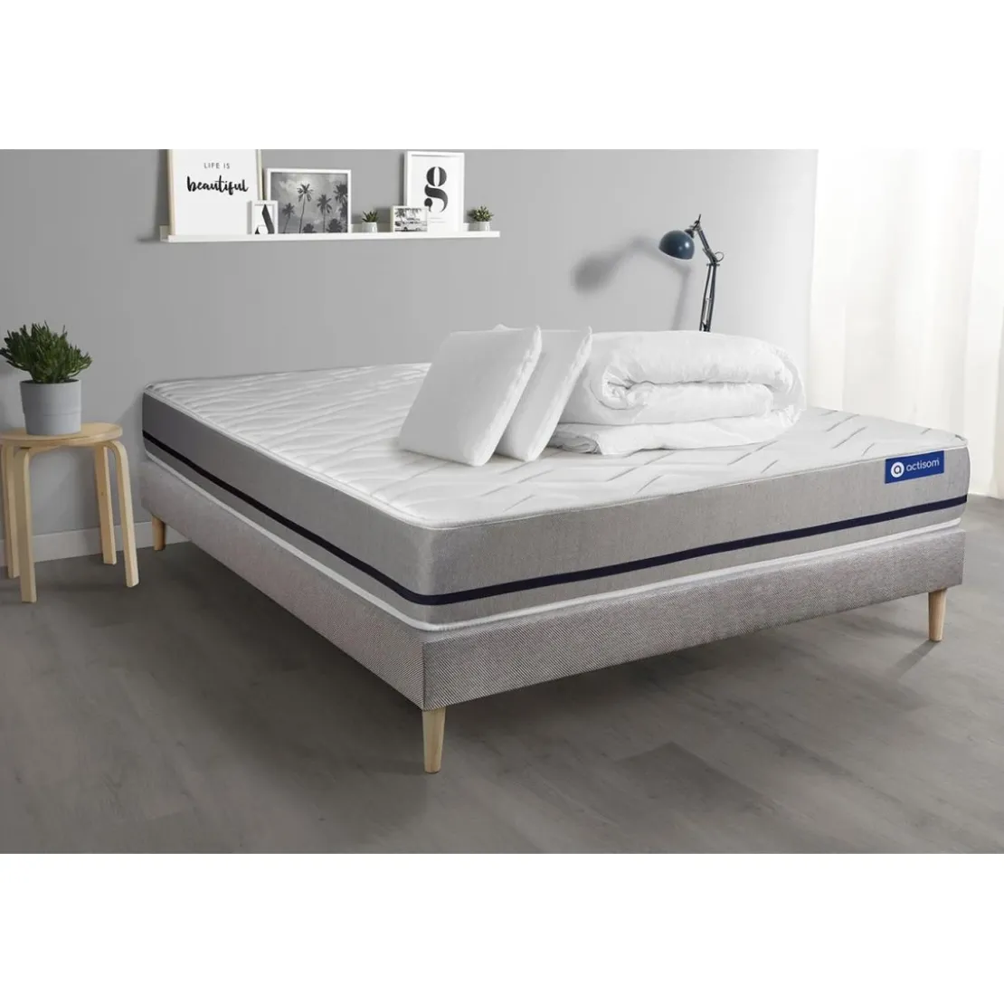 ACTISOMPack prêt a dormir matelas ACTIMEMO SOFT 3 zones de confort sommier KIT gris 2 oreillers et couette