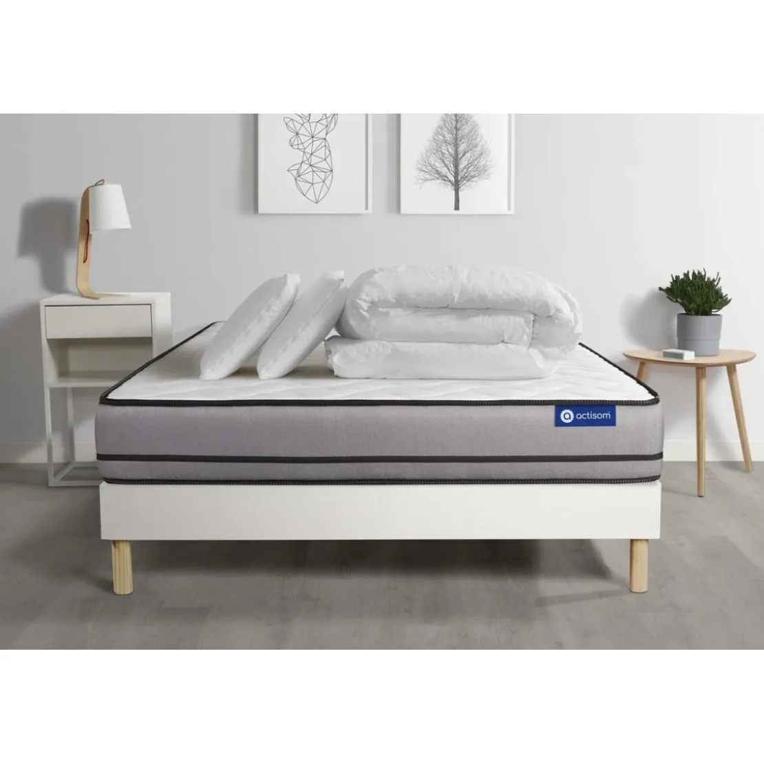 ACTISOMPack prêt a dormir matelas ACTILATEX a MÉMOIRE DE FORME et LATEX sommier KIT blanc 2 oreillers et couette