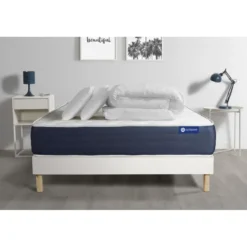 ACTISOMPack prêt a dormir matelas Latex et Memoire de forme ACTILATEX SLEEP sommier KIT blanc 2 oreillers et couette