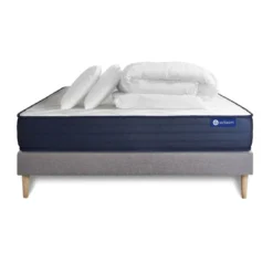 ACTISOMPack prêt a dormir matelas Memoire de forme 5zones de confort sommier KIT gris 2oreillers couette