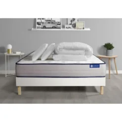 ACTISOMPack prêt a dormir matelas Memoire de forme 5 zones confort sommier KIT blanc 2 oreillers couette