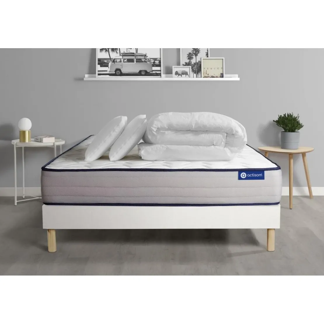 ACTISOMPack prêt a dormir matelas Memoire de forme 5 zones confort sommier KIT blanc 2 oreillers couette