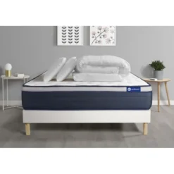 ACTISOMPack prêt a dormir matelas Memoire de forme 2 oreillers et couette Maxi epaisseur sommier KIT blanc