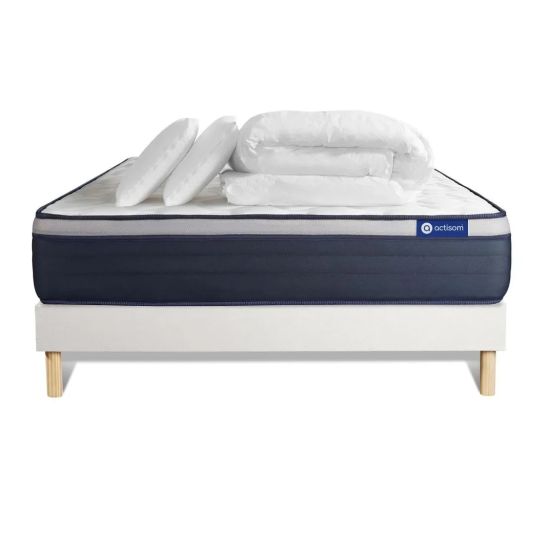 ACTISOMPack prêt a dormir matelas Memoire de forme 2 oreillers et couette Maxi epaisseur sommier KIT blanc