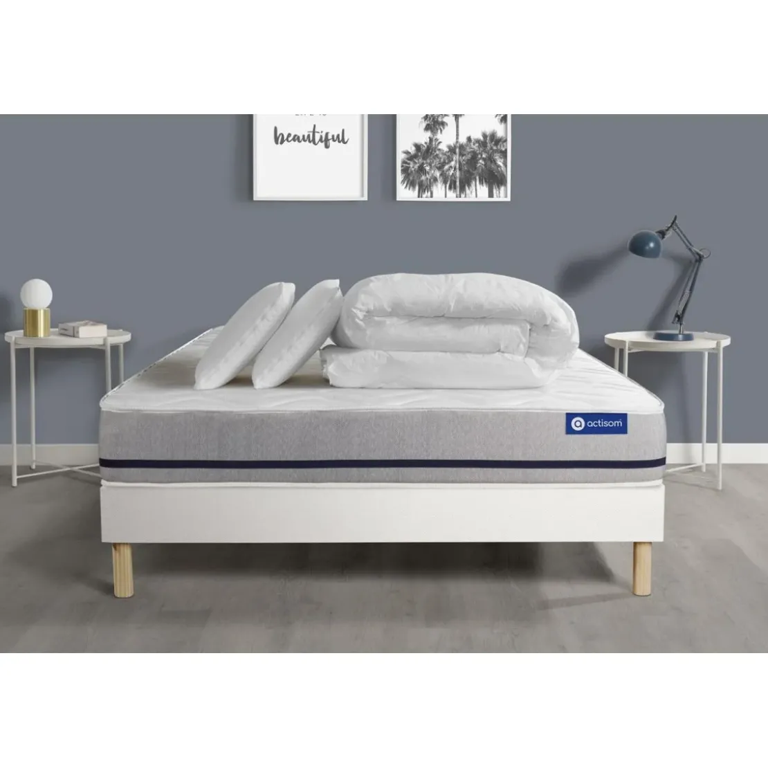 ACTISOMPack prêt a dormir matelas ACTIFLEX SOFT 3 zones de confort sommier KIT blanc et 2 oreillers couette