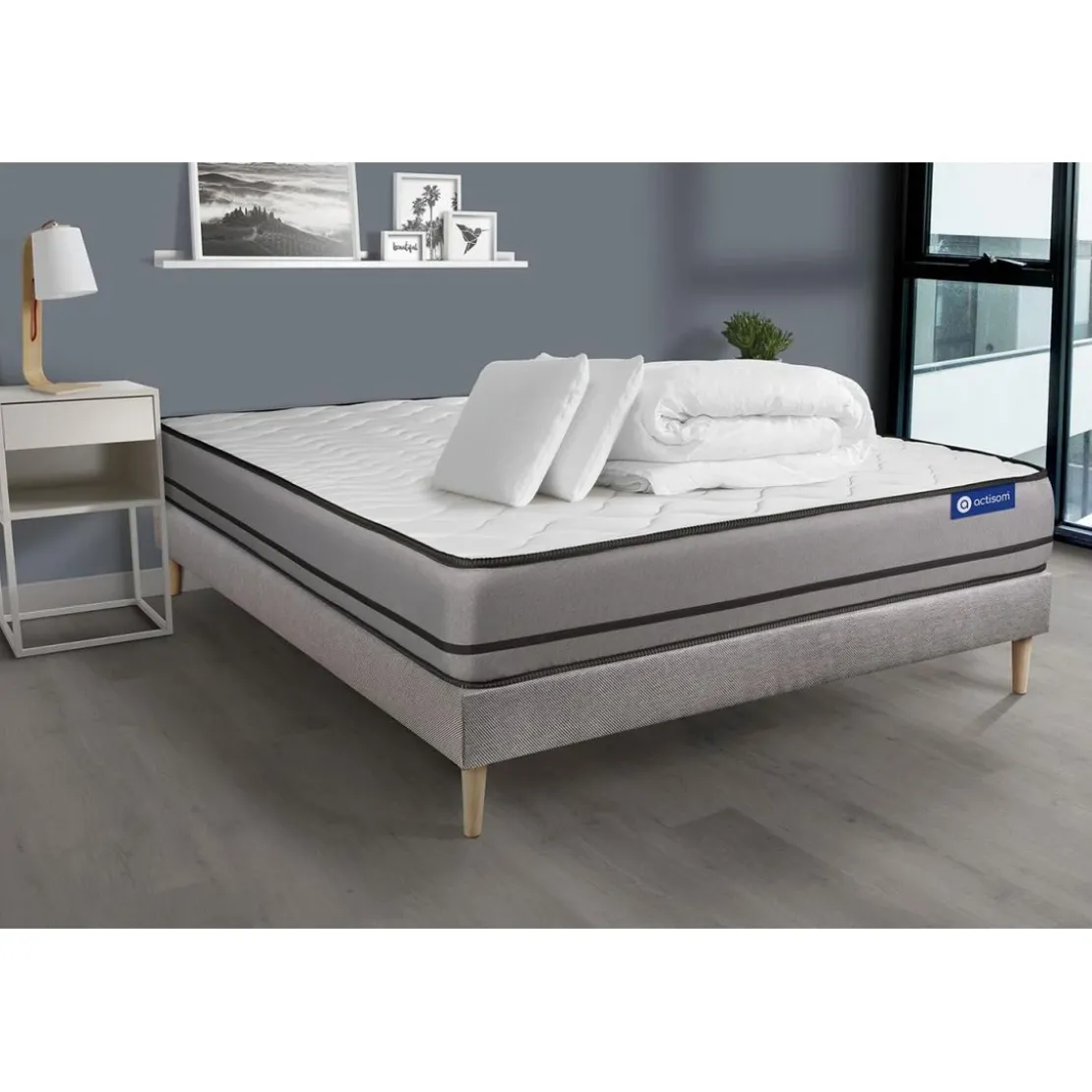 ACTISOMPack prêt a dormir matelas ACTIFLEX NIGHT 3 zones confort sommier KIT gris 2 oreillers couette