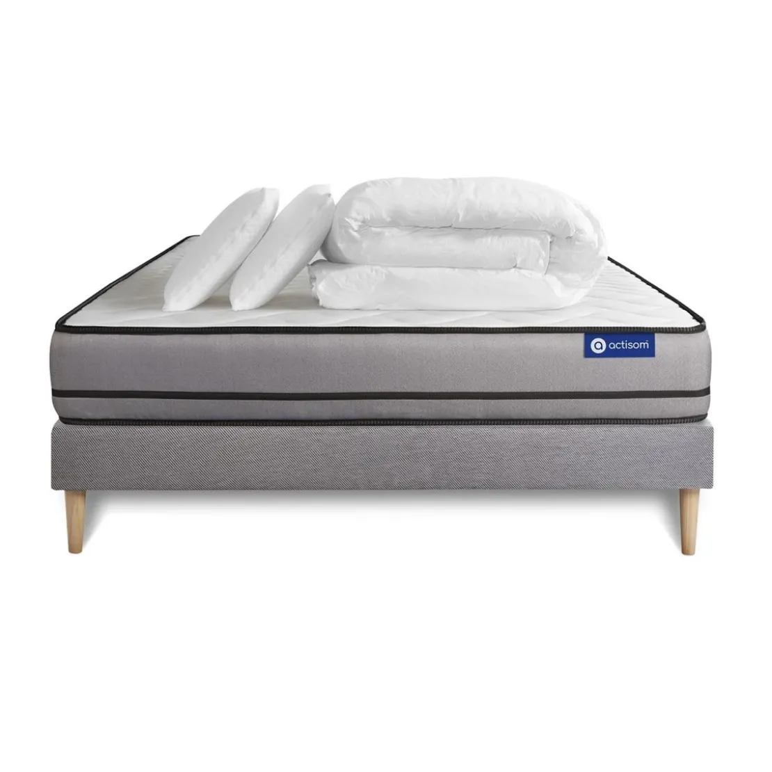 ACTISOMPack prêt a dormir matelas ACTIFLEX NIGHT 3 zones confort sommier KIT gris 2 oreillers couette