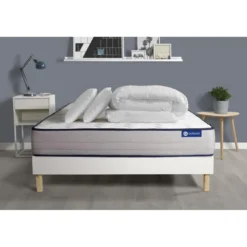 ACTISOMPack prêt a dormir matelas Ressorts ensaches Memoire de forme ACTIFLEX FORM sommier KIT blanc 2oreillers couette