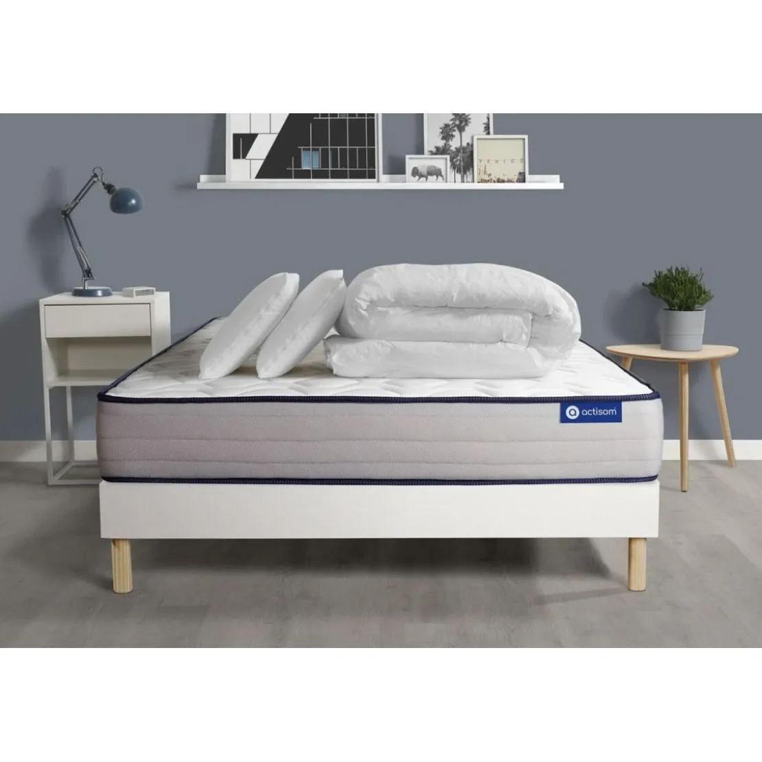 ACTISOMPack prêt a dormir matelas Ressorts ensaches Memoire de forme ACTIFLEX FORM sommier KIT blanc 2oreillers couette